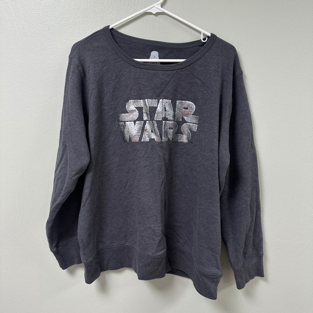 Star Wars Womens 1X Sweatshirt Gray Silver Metallic Logo Graphic Pullover Fleece